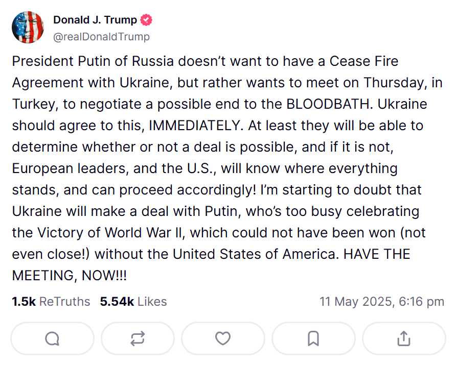 2025 05 11 TruthSocial Trump Ukraine