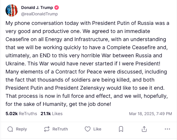 2025 03 18 TruthSocial Trump Putin
