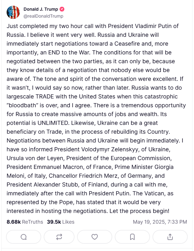 2025 05 19 TruthSocail Trump Putin Call