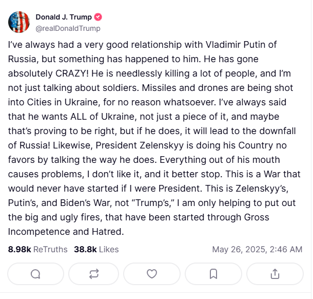 2025 05 26 TruthSocial Trump Putin