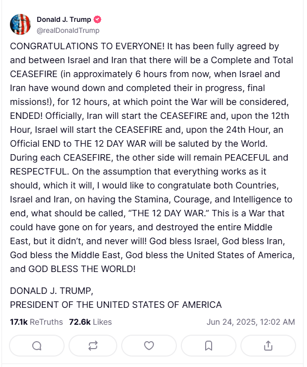 2025 06 24 TS Trump Ceasfire