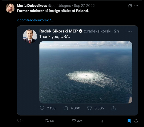 Europaparlementraikern och Polens f.d. utrikesminister, Radek Sikorski, kommenterar sprängningarna av Nord Stream, 27 sep 2022.