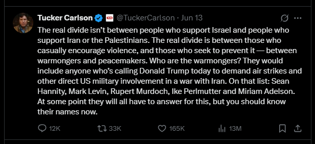 2025 06 13 X TuckeCarlson Iran